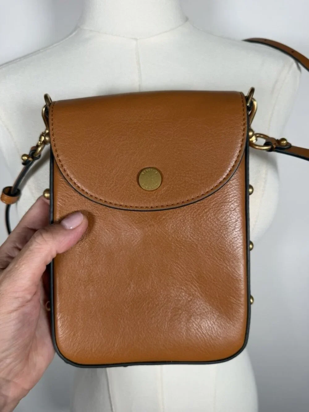 Rebecca Minkoff brown leather crossbody phone gold studded bag travel
